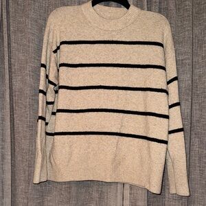 Aerie Unreal Sweater Cream and Black Striped Crewneck Sweater XXS